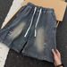 Unisex Vintage Washed Drawstring Waist Denim Shorts Casual Summer Streetwear Five-Point Shorts Gender-Neutral Design_mkmklike.com