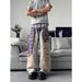 Retro Style Blue 3D Printed Patchwork Jeans Wide Leg Trousers with Curved Blade Design Casual Street Style mid Waist Zipper Fly Cotton_mkmklike.com