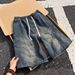 Men's Washed Pleated Denim Shorts Summer Outerwear Shark Gill Drawstring Five Point Casual Mid-Length Pants_mkmklike.com