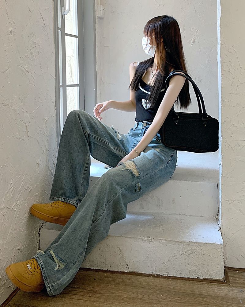 Women's Clothing Ripped Jeans For Women Autumn Retro Hot Girl Washed High Waist Slim Wide Leg Pants Mopping Long Pants_mkmklike.com