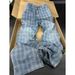 Retro Blue Checkered Denim Jeans – Relaxed Wide-Leg Pants With Flared Hem (Light Blue, S-XXXL)_mkmklike.com