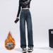 Women's Clothing High-Waisted Fleece Lined Denim Jeans Blue Grey Thick Warm Wide Leg Long Pants With Pockets Straight Leg Floor Length_mkmklike.com
