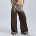 Women's Retro High-Waisted Brushed Jeans – Vintage Wash, Wide-Leg Straight Fit (S-L, Black/Brown)_mkmklike.com