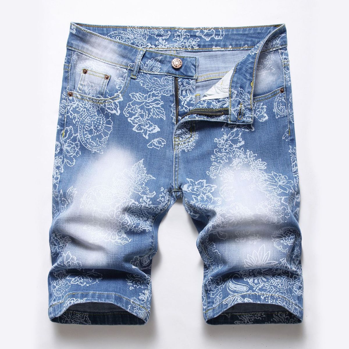 Men's Clothing Fashion Elastic Printed Personalized Denim Shorts_mkmklike.com