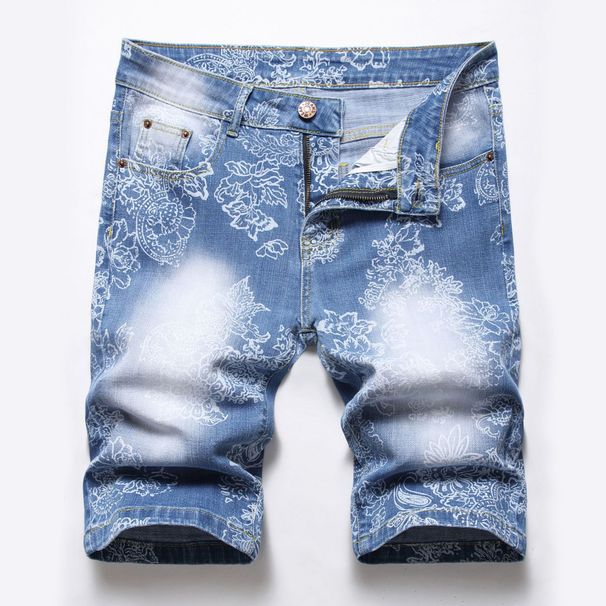 Men's Clothing Fashion Elastic Printed Personalized Denim Shorts_mkmklike.com