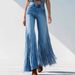 Women's Clothing Fringe Hem Raw Edge Distressed Denim Pants For Women - High Waisted Straight Leg Boho Chic Trousers With Asymmetrical Design_mkmklike.com