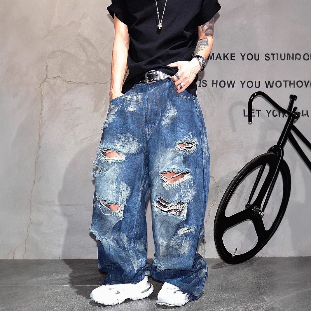 Men's Clothing Vibe Niche Trend Brand Handsome Big Hole Beggar Jeans Men Cityboy Wasteland Dirty Wash Wide Leg Long Pants_mkmklike.com