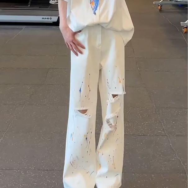 BOY White Graffiti Ripped Jeans For Men Loose Cleanfit American Style High Street Straight Leg Scimitar Flared Pants_mkmklike.com