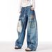 Spring And Autumn American High Street Retro Design Patch Splicing Printed Jeans Men's And Women's Loose Straight Wide-leg Trousers_mkmklike.com