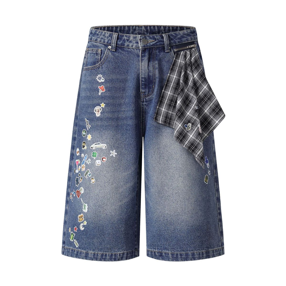 Men's Clothing Street Personality Pocket Plaid Fabric Distressed Wide Leg Jeans For Men And Women Washed Distressed Loose Embroidered Wide Leg Pants_mkmklike.com