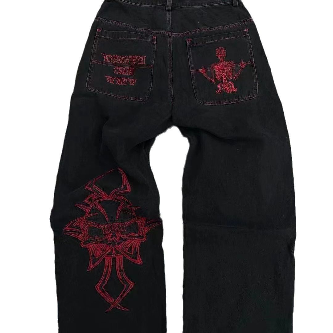 2023 Cross-border Hot-selling American High Street Fashion Brand Fully Embroidered Skull Pants For Men, Loose Straight_mkmklike.com