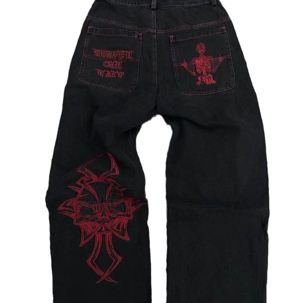 2023 Cross-border Hot-selling American High Street Fashion Brand Fully Embroidered Skull Pants For Men, Loose Straight_mkmklike.com