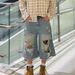 Unisex Distressed Denim Capri Pants Vintage Washed Wide-Leg Shorts For Men And Women Breathable Cotton Blend_mkmklike.com