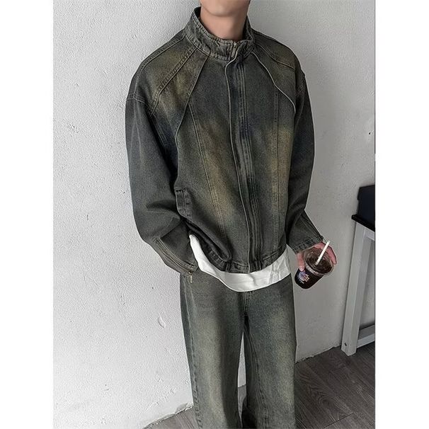 American Washed Yellow Mud Dyed Blue Stand Up Collar Denim Jacket For Men, Stylish And Loose Zipper Jacket, Trendy Top_mkmklike.com