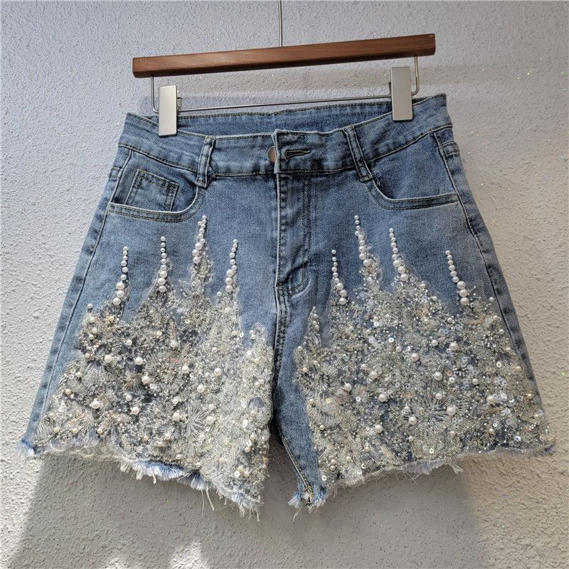 Women's Clothing New Street Blasting Heavy Duty Beaded High Waisted Slim Denim Shorts For Women Fashionable And Versatile Wide Leg Hot Pants_mkmklike.com
