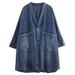 Chicco Real Shot In Stock Vintage V-neck Pocket Denim Jacket For Women Autumn New Loose Large Version Mid-length Trench Coat_mkmklike.com