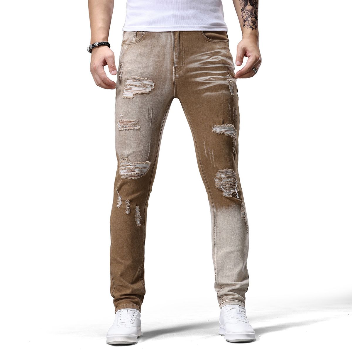 Men's Slim Fit Jeans – Trendy Khaki & Army Green Casual Pants, Comfortable Cotton Denim, Straight Leg Trousers For Everyday Wear_mkmklike.com