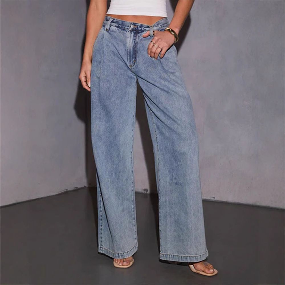 Women's High Waist Straight Leg Distressed Denim Jeans - Stretchy Comfortable Wide Leg Trousers For Casual Streetwear_mkmklike.com