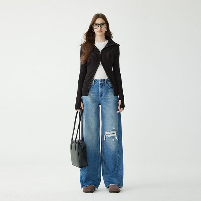 Women's Clothing High End Women's Loose Ripped Jeans Textured Pure Cotton Floor Length Straight Wide Leg Pants For Spring Autumn_mkmklike.com