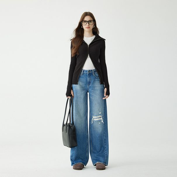 Women's Clothing High End Women's Loose Ripped Jeans Textured Pure Cotton Floor Length Straight Wide Leg Pants For Spring Autumn_mkmklike.com