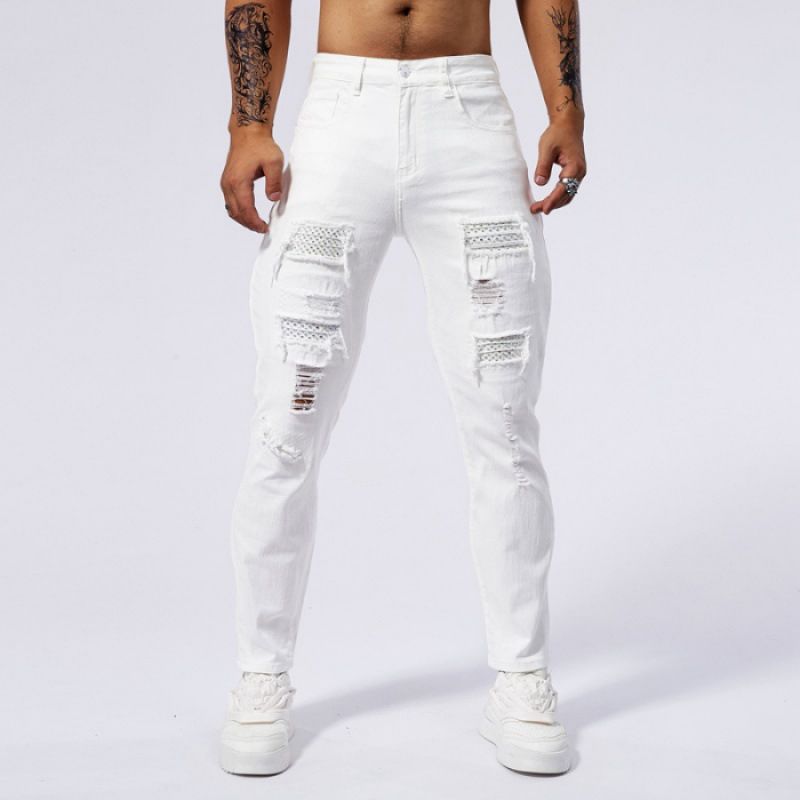 Men's Clothing Elastic Hot Diamond White Jeans Men Ripped Patch Slim Fit Skinny Tight Pants Men_mkmklike.com