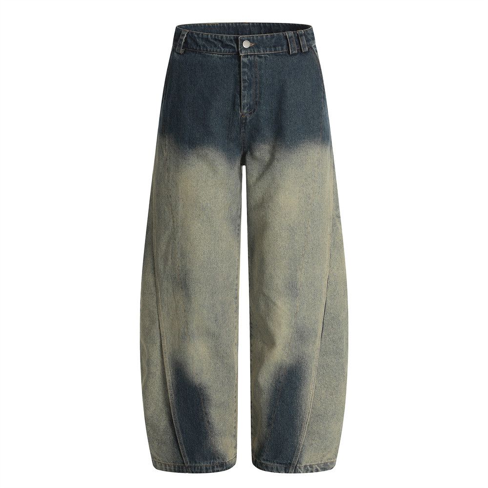 Color-Block Washed Scimitar Jeans Men's Loose Street Style Ins Niche Design Wide-Leg Pants_mkmklike.com