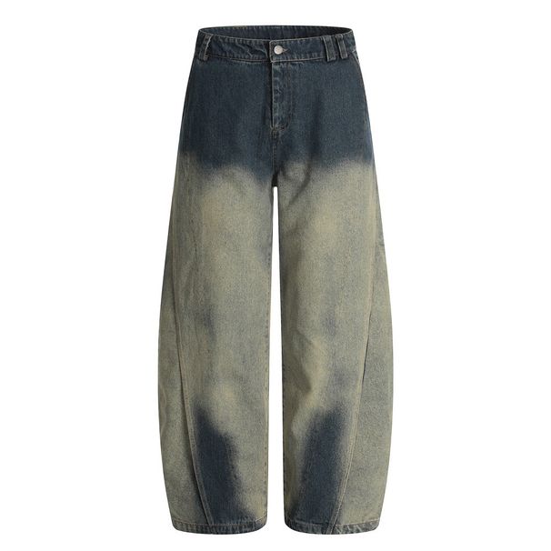 Color-Block Washed Scimitar Jeans Men's Loose Street Style Ins Niche Design Wide-Leg Pants_mkmklike.com