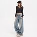 Light Blue Rhinestone Wide Leg Jeans Heavy Duty Loose Fit Straight Leg Pants For Women Spring/Autumn Regular Size Polyester_mkmklike.com