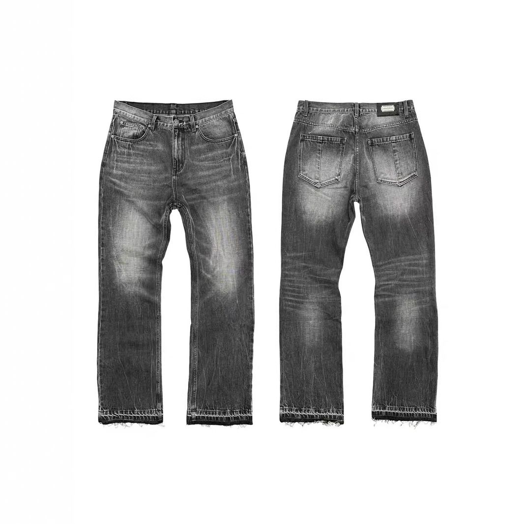 Men's Clothing Lightning Flower Three Dimensional Wrinkled Heavy Wash Loose Bootcut Jeans_mkmklike.com