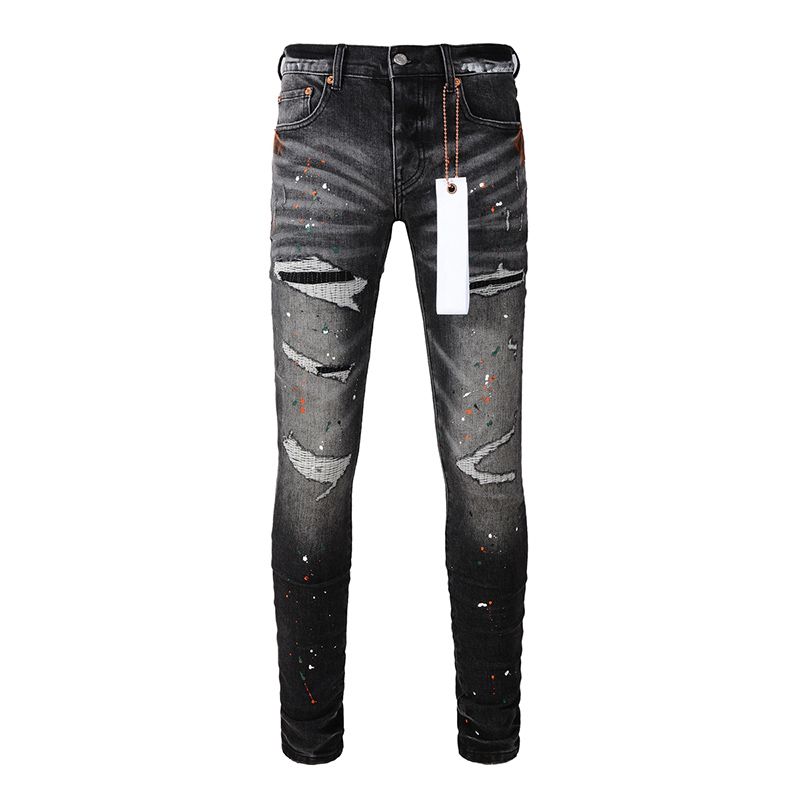 Men's American High Street Fashion Distressed Washed Black Gray Damaged Holes Stretch Skinny Button Fly Ripped Jeans_mkmklike.com