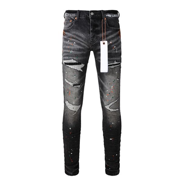 Men's American High Street Fashion Distressed Washed Black Gray Damaged Holes Stretch Skinny Button Fly Ripped Jeans_mkmklike.com