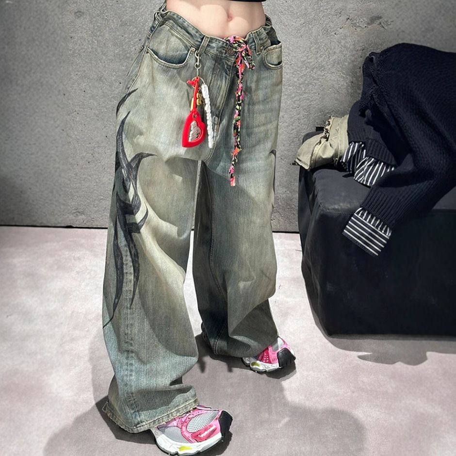 Unisex High Street Print Jeans - Oversized Straight Leg Pants With Distressed Details (Black, Blue, Shorts)_mkmklike.com