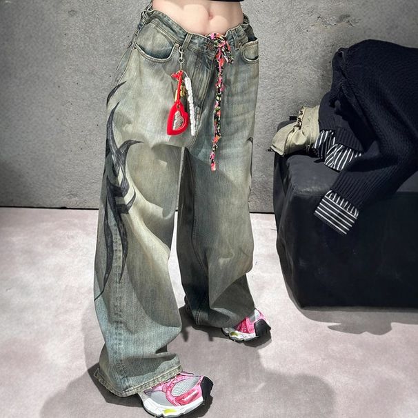 Unisex High Street Print Jeans - Oversized Straight Leg Pants With Distressed Details (Black, Blue, Shorts)_mkmklike.com