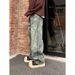 Men's Graffiti Washed Denim Pants - Streetwear High Waist Loose Fit Vintage Straight Leg Jeans With Artistic Paint Splatter Design_mkmklike.com