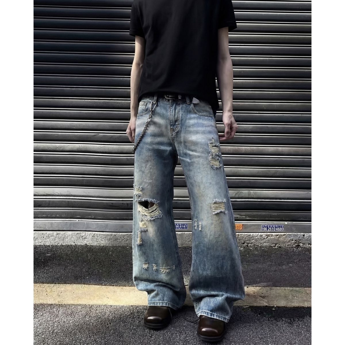 Men's Slim Fit Ripped Jeans Edgy Style American High Street Design Slightly Flared Trendy Brand Versatile Straight Leg Pants_mkmklike.com