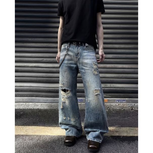 Men's Slim Fit Ripped Jeans Edgy Style American High Street Design Slightly Flared Trendy Brand Versatile Straight Leg Pants_mkmklike.com