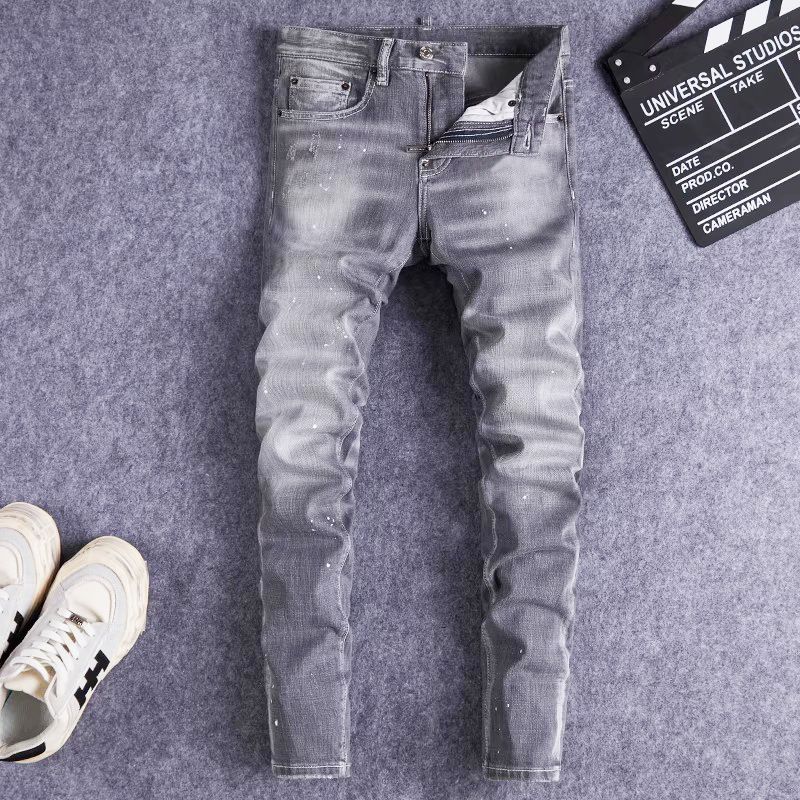 Men's Clothing Men's Distressed Skinny Jeans Gray Washed Paint Trendy Retro High Street Fashion European American Style Slim Fit_mkmklike.com