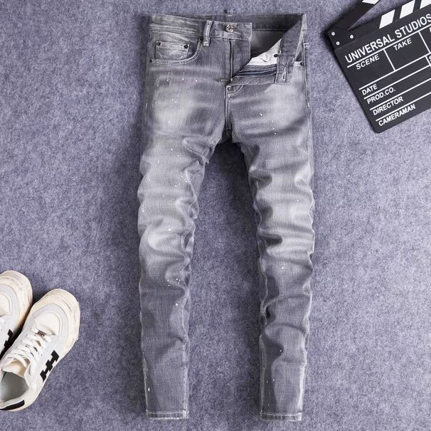Men's Clothing Men's Distressed Skinny Jeans Gray Washed Paint Trendy Retro High Street Fashion European American Style Slim Fit_mkmklike.com