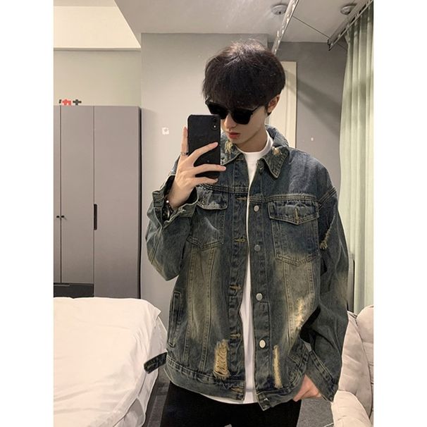Men's Clothing Hole Denim Jacket Men's Fashion Brand Loose Niche Workwear Handsome Jacket_mkmklike.com