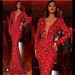 Women's Clothing Dress Fishtail Edge Red Sparkling Long Sleeve V-neck Dress Long Skirt_mkmklike.com