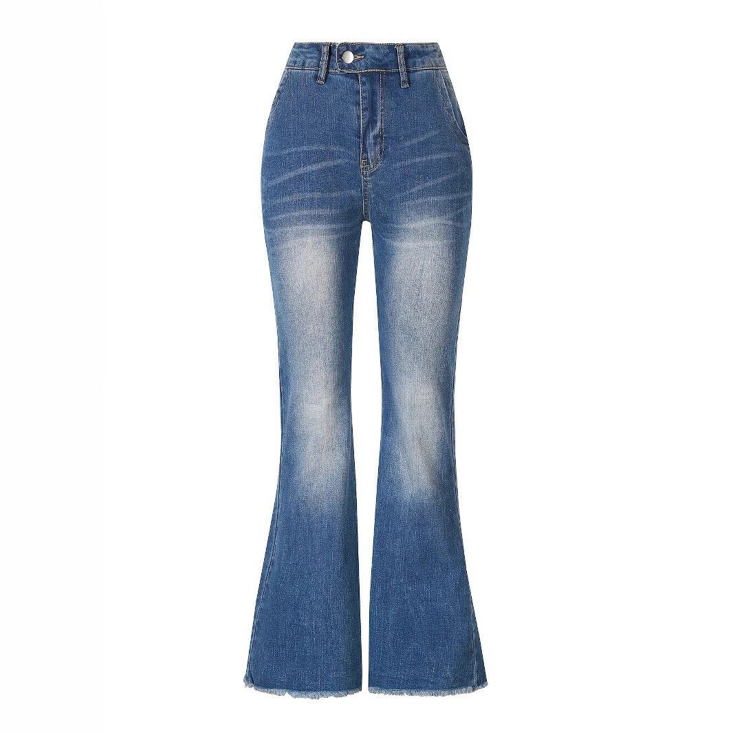 Women's Stretchy Distressed Jeans European American Style Cross Border Whiskers Slightly Flared Casual Denim with Frayed Edges_mkmklike.com