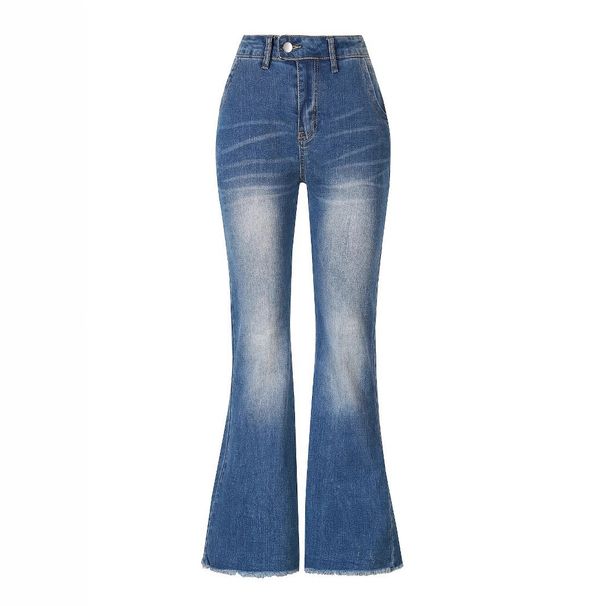 Women's Stretchy Distressed Jeans European American Style Cross Border Whiskers Slightly Flared Casual Denim with Frayed Edges_mkmklike.com
