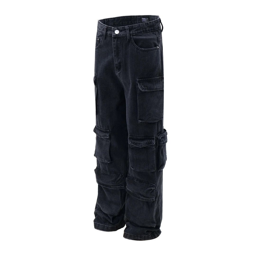 2026 Paris Heavyweight Washed Wide Leg Jeans American Style Multi Pocket Cargo Pants mid Waist Straight Blue Jeans_mkmklike.com