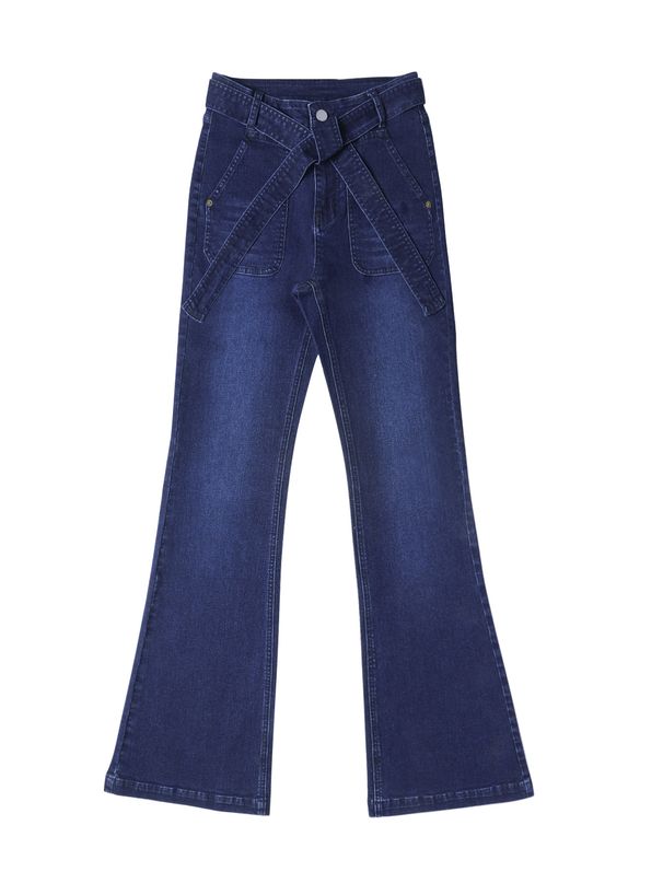 High Waisted Cross Strap Flared Jeans Dark Blue Slimming Wide Leg Women's Stylish Denim Flared Pants_mkmklike.com
