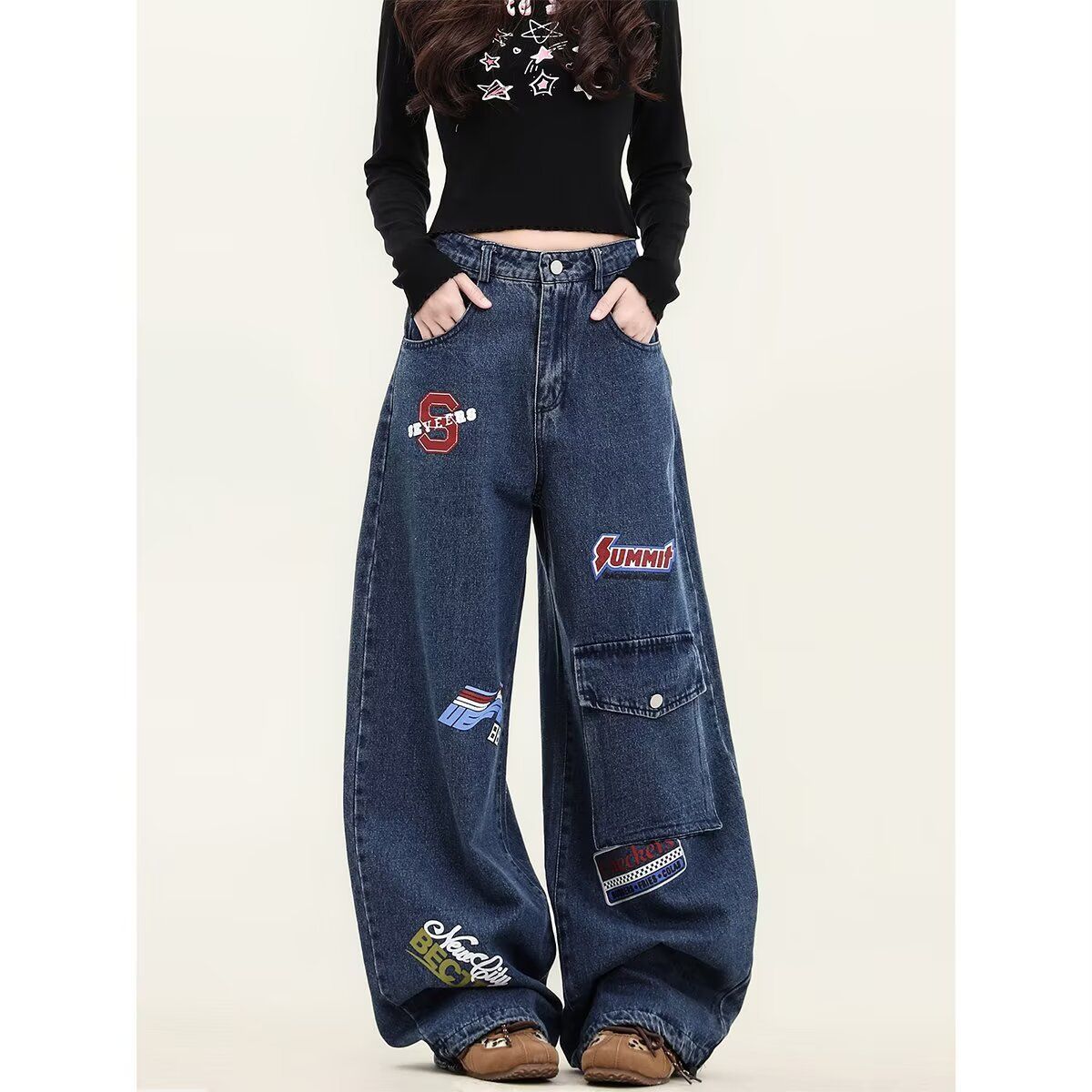 "Embroidered Patchwork Jeans – Oversized Streetwear Style | Unisex Baggy Fit With Multi-Pocket Design"_mkmklike.com