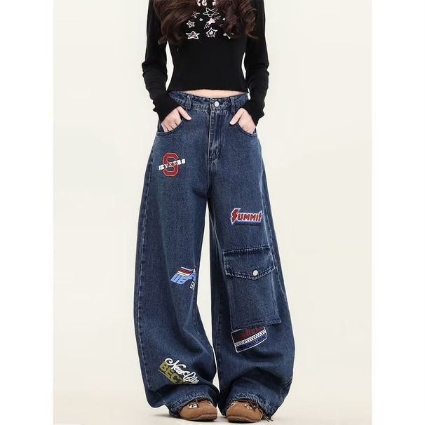 "Embroidered Patchwork Jeans – Oversized Streetwear Style | Unisex Baggy Fit With Multi-Pocket Design"_mkmklike.com