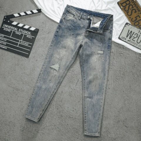 Men's Distressed Slim Fit Jeans With Paint Splatter & Patchwork Detail - Vintage Blue Denim Pants For Casual Streetwear_mkmklike.com