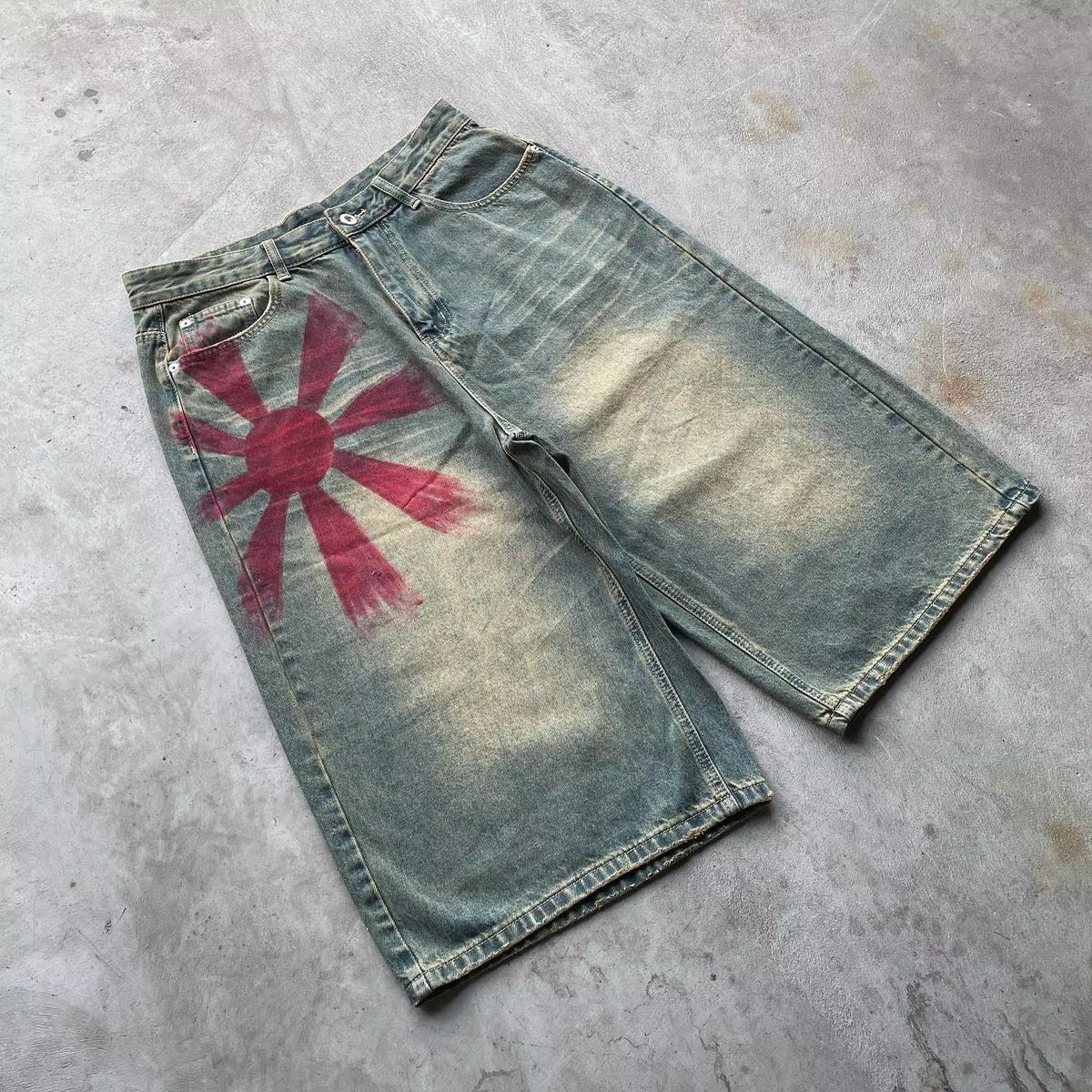 Men's Wide Leg Trousers Floor Length Retro Sunflower Print High Street Style Vibe Jeans Fashion For Men_mkmklike.com
