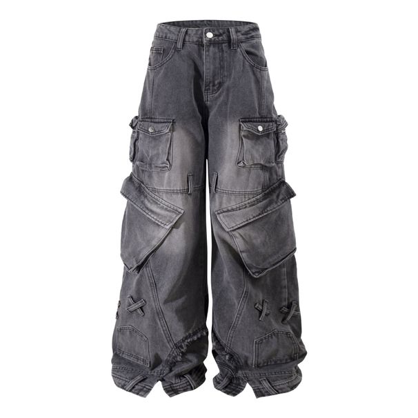 Men's Streetwear Cargo Jeans - Vintage Washed Wide Leg Baggy Pants With Multiple Pockets For Urban Fashion_mkmklike.com