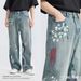 Men's Graffiti Colorblock Straight Jeans – Streetwear Wide Leg Denim Pants (S-XL, Old Blue & Black)_mkmklike.com
